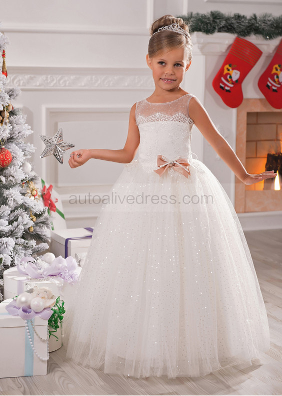 Ivory Lace Glittering Tulle Floor Length Stylish Flower Girl Dress Ivory Lace Glittering Tulle Floor Length Stylish Flower Girl Dress